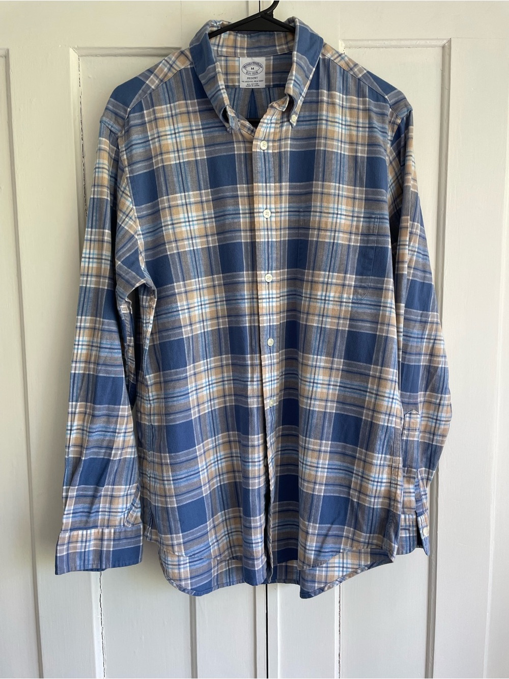 Brooks Brothers Shirt Men’s Regent MED Blue Tan Plaid Button Down Long Sleeve